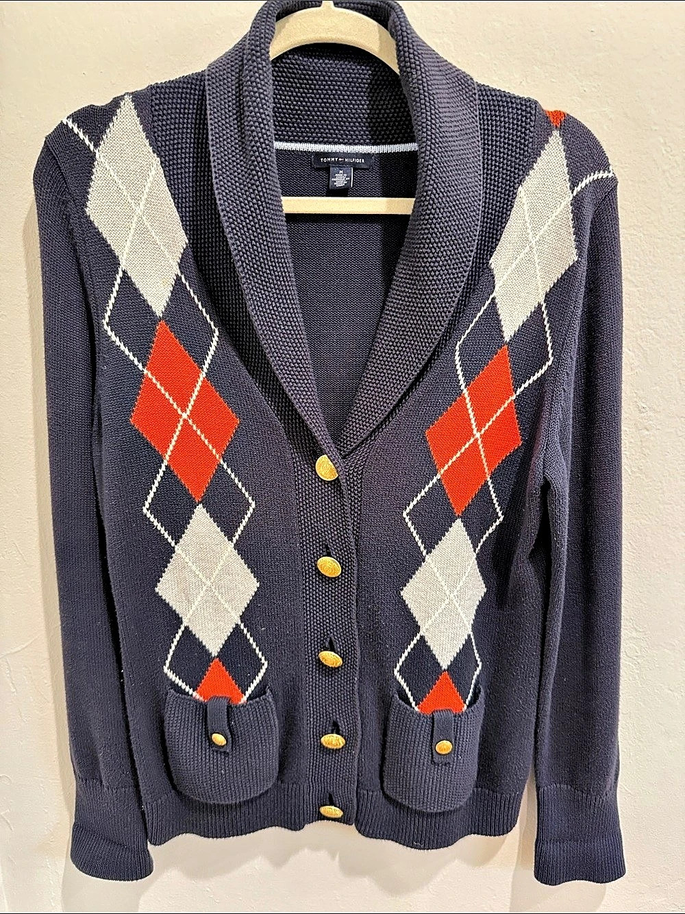 Tommy Hilfiger Argyle Cardigan in Blue & Orange Size Medium